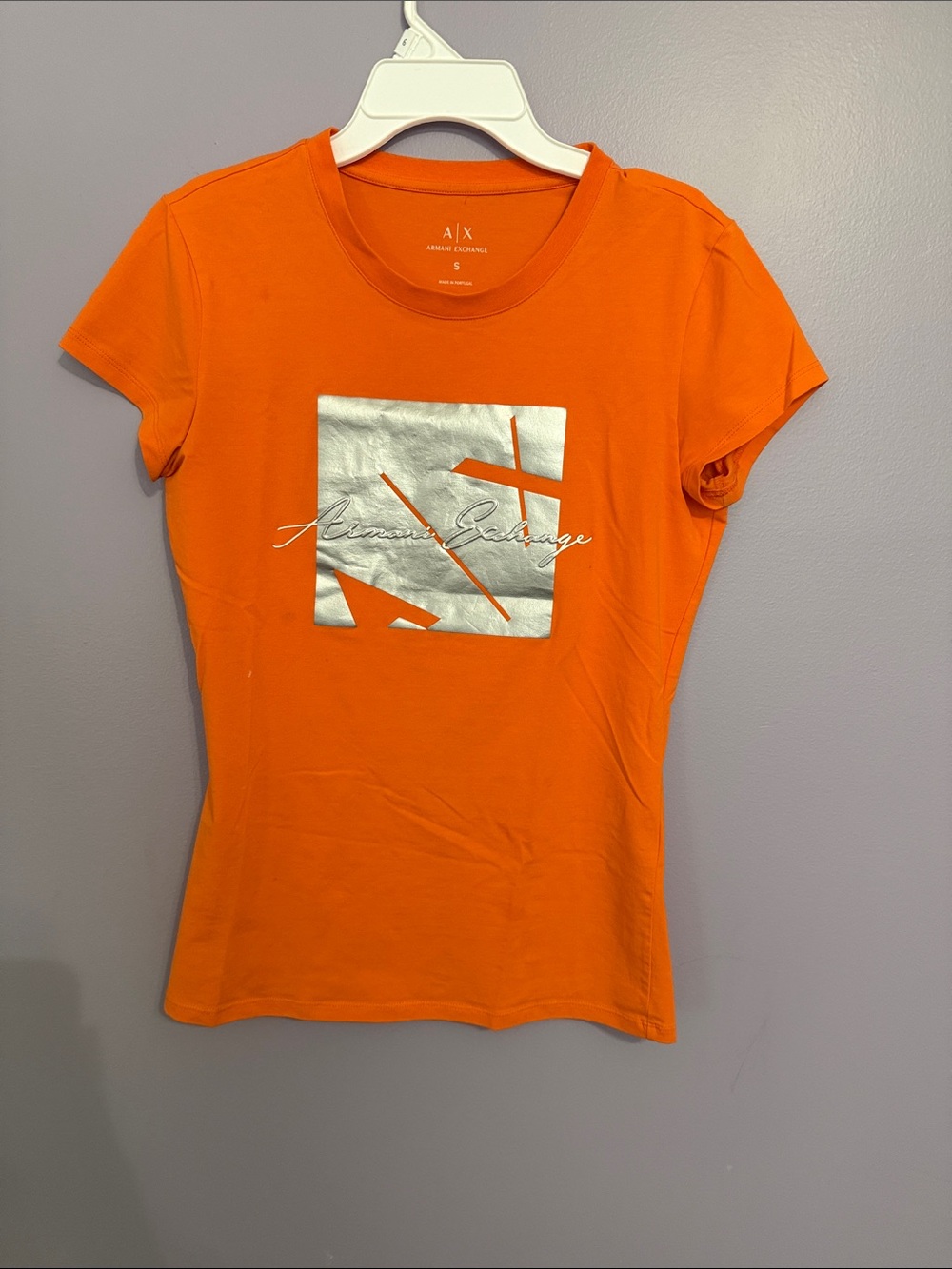 Armani Exchange Orange Tee with Silver Graphic Square